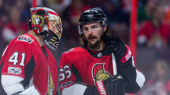 OTTAWA, ON - OCTOBER 26: Ottawa Senators Defenceman Erik Karlsson (65) talks to Goalie Craig Anderson (41) during third period National Hockey League action between the Philadelphia Flyers and Ottawa Senators on October 26, 2017, at Canadian Tire Centre in Ottawa, ON, Canada. (Photo by Richard A. Whittaker/Icon Sportswire via Getty Images)