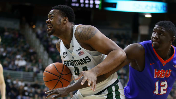 EAST LANSING, MI – DECEMBER 18: Nick Ward #44 of the Michigan State Spartans battles against the Houston Baptist Huskies at the Jack T. Breslin Student Events Center on December 18, 2017 in East Lansing, Michigan. (Photo by Gregory Shamus/Getty Images)
