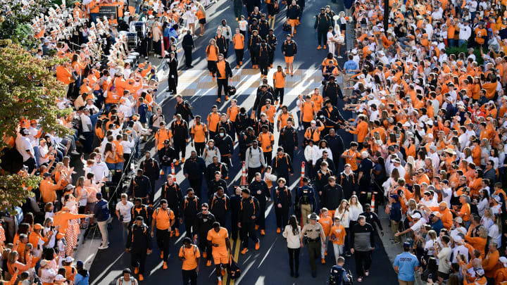 Tennessee players walk in the Vol Walk before an SEC football game between Tennessee and Ole Miss at Neyland Stadium in Knoxville, Tenn. on Saturday, Oct. 16, 2021.Kns Tennessee Ole Miss Football