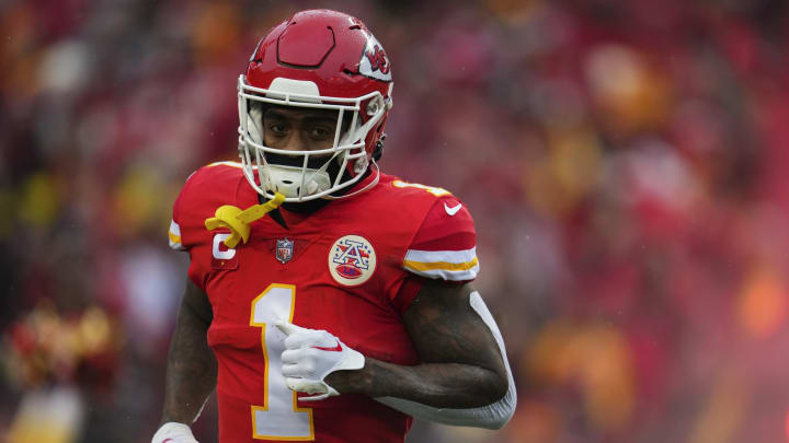 KANSAS CITY, MO – JANUARY 21: Jerick McKinnon #1 of the Kansas City Chiefs runs onto the field during introductions against the Jacksonville Jaguars at GEHA Field at Arrowhead Stadium on January 21, 2023 in Kansas City, Missouri. (Photo by Cooper Neill/Getty Images)