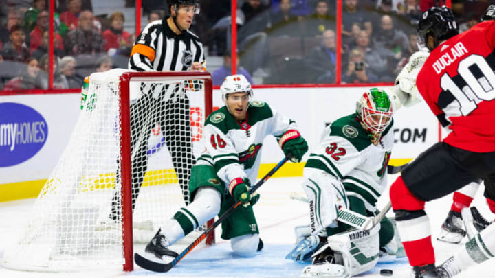OTTAWA, ON - OCTOBER 14: Minnesota Wild Goalie Alex Stalock (32) makes a save backed up by Minnesota Wild Defenceman Jared Spurgeon (46) during second period National Hockey League action between the Minnesota Wild and Ottawa Senators on October 14, 2019, at Canadian Tire Centre in Ottawa, ON, Canada. (Photo by Richard A. Whittaker/Icon Sportswire via Getty Images)