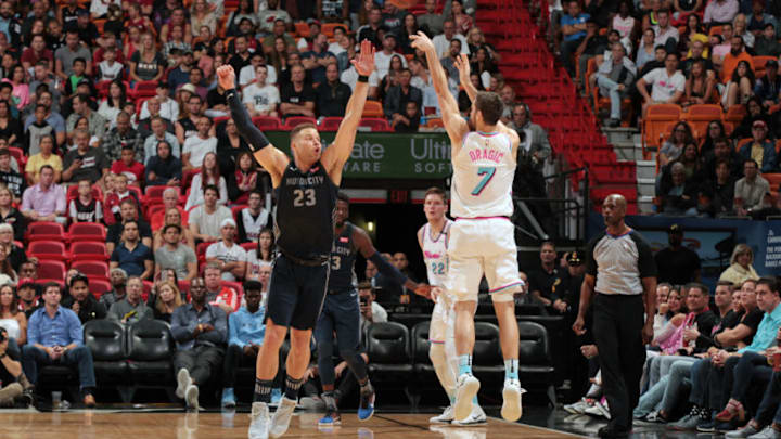 Detroit Pistons Blake Griffin and Miami Heat Goran Dragic. (Photo by Oscar Baldizon/NBAE via Getty Images)