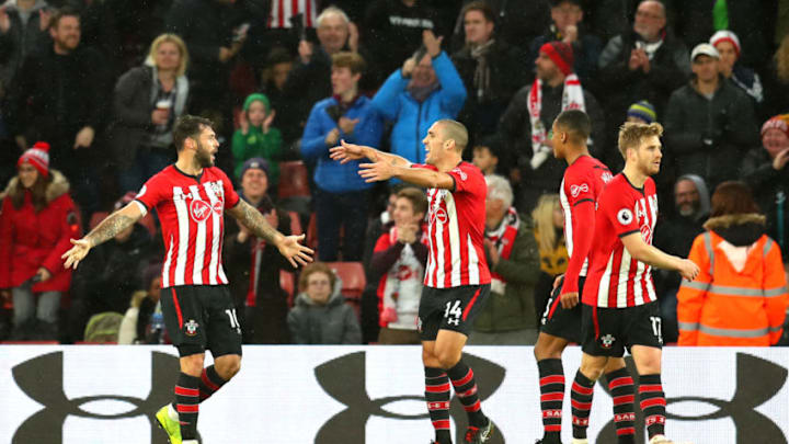 SOUTHAMPTON, ENGLAND – DECEMBER 16: Charlie Austin of Southampton celebrates with teammates after scoring his team’s third goal during the Premier League match between Southampton FC and Arsenal FC at St Mary’s Stadium on December 16, 2018 in Southampton, United Kingdom. (Photo by Catherine Ivill/Getty Images)