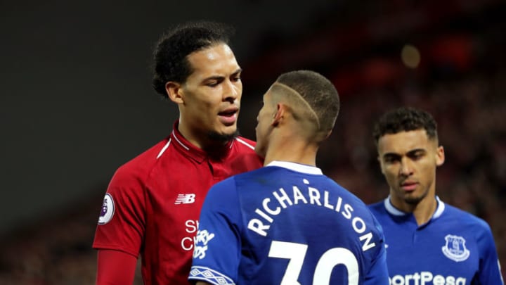 LIVERPOOL, ENGLAND - DECEMBER 02: Virgil van Dijk of Liverpool and Richarlison of Everton react during the Premier League match between Liverpool FC and Everton FC at Anfield on December 2, 2018 in Liverpool, United Kingdom. (Photo by Everton FC/Everton FC via Getty Images)