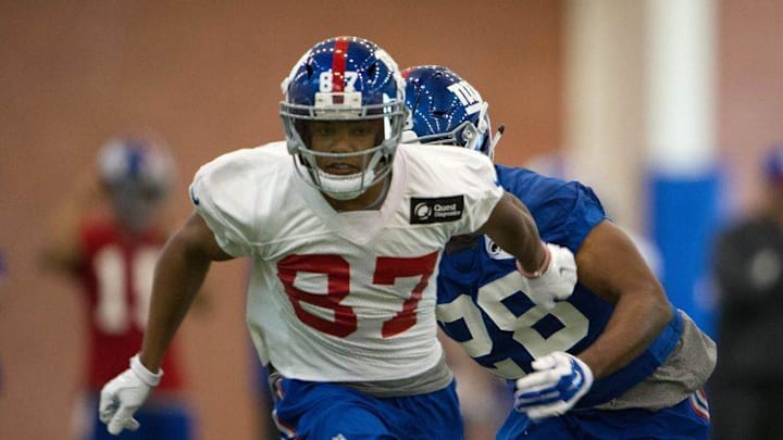 May 6, 2016; East Rutherford, NJ, USA; New York Giants wide receiver Sterling Shepard (87) during rookie minicamp at Quest Diagnostics Training Center. Mandatory Credit: William Hauser-USA TODAY Sports