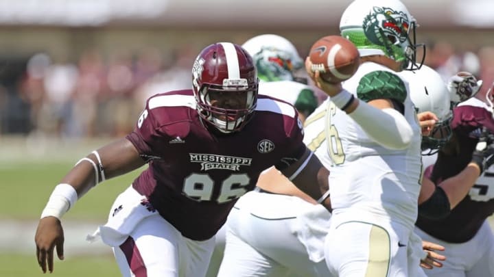 Sep 6, 2014; Starkville, MS, USA; Mississippi State Bulldogs defensive lineman Chris Jones (96) attempts to tackle UAB Blazers quarterback Jeremiah Briscoe (16) during the game at Davis Wade Stadium. Mandatory Credit: Spruce Derden-USA TODAY Sports