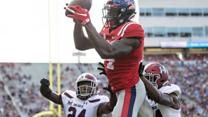 OXFORD, MS - SEPTEMBER 8: D.K. Metcalf #14 of the Mississippi Rebels catches a pass during a game against the Southern Illinois Salukis at Vaught-Hemingway Stadium on September 8, 2018 in Oxford, Mississippi. The Rebels defeated the Salukis 76-41. (Photo by Wesley Hitt/Getty Images)