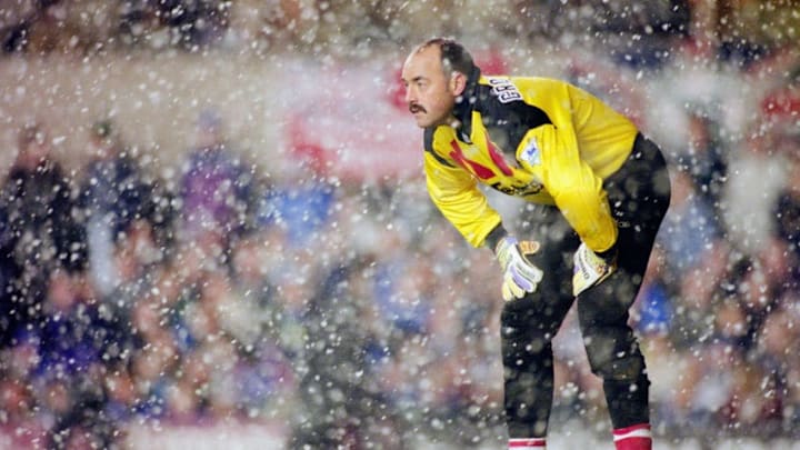 NEWCASTLE, UNITED KINGDOM - NOVEMBER 21: Liverpool goalkeeper Bruce Grobbelaar looks on during a snow shower during a 3-0 win to Newcastle during the FA Premier league match between Newcastle United and Liverpool at St James' Park on November 21, 1993 in Newcastle, England, (Photo by Shaun Botterill/Allsport/Getty Images)