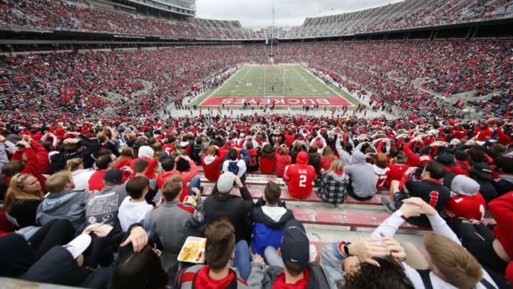 Apr 16, 2022; Columbus, Ohio, USA; Ohio State Buckeyes fans fill most of the seats during the first half of the Scarlett and Gray Spring Game at Ohio Stadium. Mandatory Credit: Joseph Maiorana-USA TODAY Sports