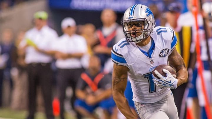 Sep 11, 2016; Indianapolis, IN, USA; Detroit Lions wide receiver Marvin Jones (11) runs the ball in the second half of the game against the Indianapolis Colts at Lucas Oil Stadium. the Detroit Lions beat the Indianapolis Colts by the score of 39-35. Mandatory Credit: Trevor Ruszkowski-USA TODAY Sports