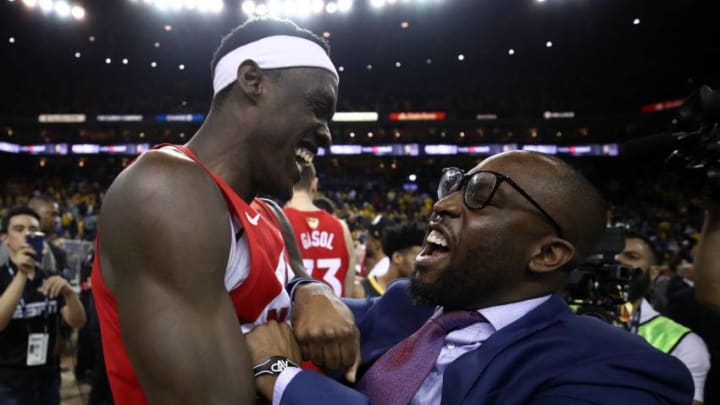 Pascal Siakam #43 of the Toronto Raptors celebrates his teams win victory over the Golden State Warriors in Game Six to win the 2019 NBA Finals at ORACLE Arena. (Photo by Ezra Shaw/Getty Images)