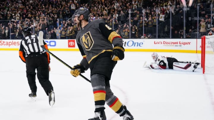 LAS VEGAS, NEVADA - NOVEMBER 29: Alex Tuch #89 of the Vegas Golden Knights celebrates after scoring the game-winning goal in a shoot out against the Arizona Coyotes at T-Mobile Arena on November 29, 2019 in Las Vegas, Nevada. (Photo by Jeff Bottari/NHLI via Getty Images)