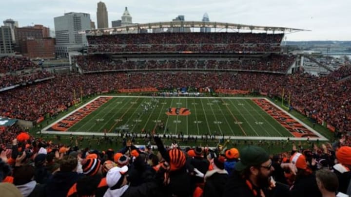 Jan 5, 2014; Cincinnati, OH, USA; General view of Paul Brown Stadium and downtown Cincinnati skyline during the 2013 AFC wild card playoff football game between the San Diego Chargers and the Cincinnati Bengals. Mandatory Credit: Kirby Lee-USA TODAY Sports