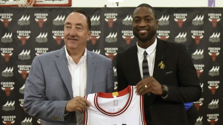 Jul 29, 2016; Chicago, IL, USA; Chicago Bulls guard Dwayne Wade (right) and Bulls general manager Gar Forman pose for a photo after addressing the media after a press conference at Advocate Center. Mandatory Credit: David Banks-USA TODAY Sports