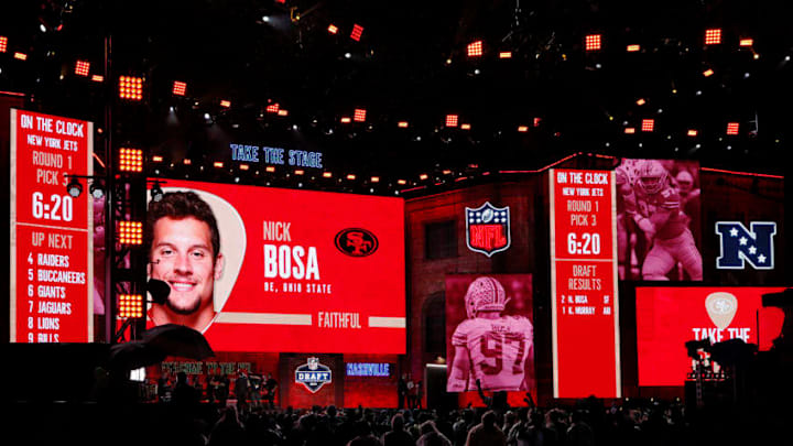 NASHVILLE, TN - APRIL 25: Nick Bosa of Ohio State is announced as the second overall pick in the first round of the NFL Draft by the San Francisco 49ers on April 25, 2019 in Nashville, Tennessee. (Photo by Joe Robbins/Getty Images)