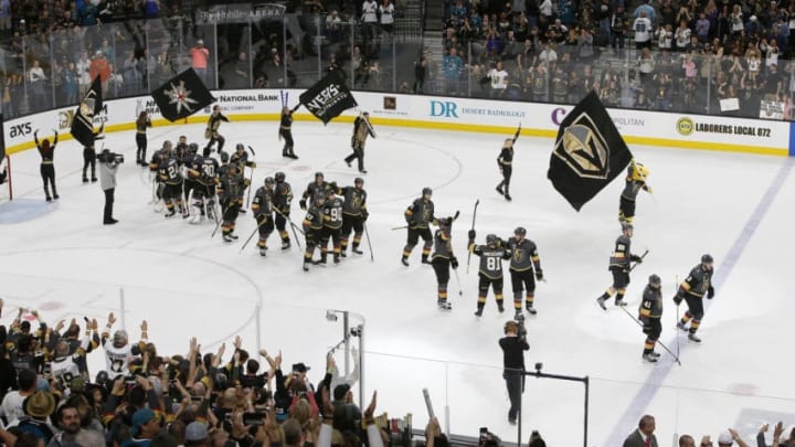 LAS VEGAS, NEVADA – MARCH 31: Fans and Vegas Golden Knights players celebrate after defeating the San Jose Sharks 3-2 in a regular season game Saturday, March 31, 2018, in Las Vegas, Nevada. (Photo by Marc Sanchez/Icon Sportswire via Getty Images)