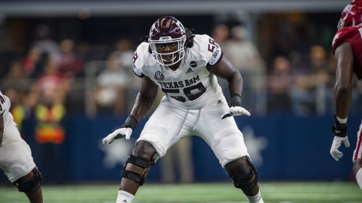 Sep 25, 2021; Arlington, Texas, USA; Texas A&M Aggies offensive lineman Jahmir Johnson (58) in action during the game between the Arkansas Razorbacks and the Texas A&M Aggies at AT&T Stadium. Mandatory Credit: Jerome Miron-USA TODAY Sports