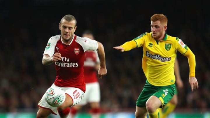 LONDON, ENGLAND - OCTOBER 24: Jack Wilshere of Arsenal and Harrison Reed of Norwich City in action during the Carabao Cup Fourth Round match between Arsenal and Norwich City at Emirates Stadium on October 24, 2017 in London, England. (Photo by Richard Heathcote/Getty Images)