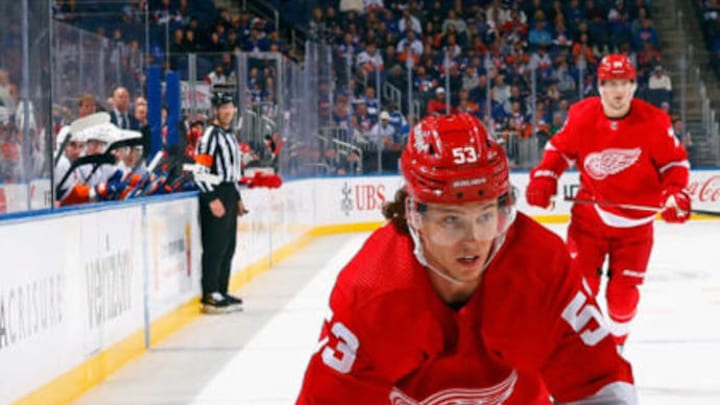 ELMONT, NEW YORK – OCTOBER 30: Moritz Seider #53 of the Detroit Red Wings skates against the New York Islanders at UBS Arena on October 30, 2023 in Elmont, New York. (Photo by Bruce Bennett/Getty Images)