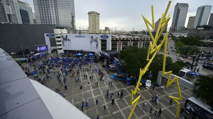 Jun 30, 2021; Tampa, Florida, USA; A general view as fans start to gather in Thunder Alley before game two of the 2021 Stanley Cup Final between the Tampa Bay Lightning and the Montreal Canadiens at Amalie Arena. Mandatory Credit: Douglas DeFelice-USA TODAY Sports