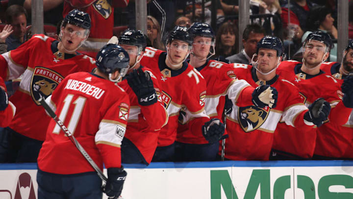 NHL DFS: SUNRISE, FL - MARCH 10: Jonathan Huberdeau #11 of the Florida Panthers is congratulated by teammates after scoring a first period goal against the New York Rangers at the BB&T Center on March 10, 2018 in Sunrise, Florida. (Photo by Joel Auerbach/Getty Images) NHL DFS: SUNRISE, FL - MARCH 10: Jonathan Huberdeau #11 of the Florida Panthers is congratulated by teammates after scoring a first period goal against the New York Rangers at the BB&T Center on March 10, 2018 in Sunrise, Florida. (Photo by Joel Auerbach/Getty Images)