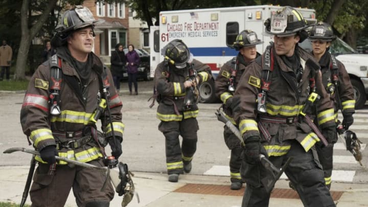 CHICAGO FIRE -- "The Solution to Everything" Episode 708 -- Pictured: (l-r) Taylor Kinney as Kelly Severide, Christian Stolte as Mouch, Jesse Spencer as Matthew Casey, Miranda Rae Mayo as Stella Kidd -- (Photo by: Elizabeth Morris/NBC)