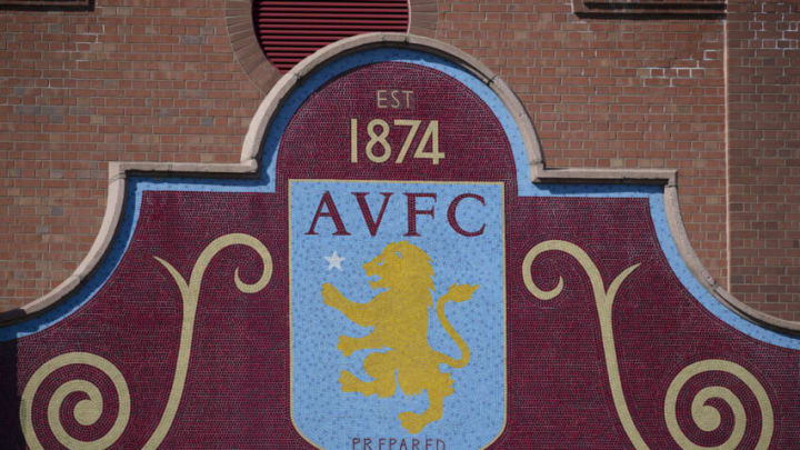 BIRMINGHAM, ENGLAND - MARCH 23: Aston Villa club crest featuring the The Rampant Lion of Scotland hallmark on the outside of the Holte End at Villa Park, home of Aston Villa FC on March 23, 2020 in Birmingham, United Kingdom. (Photo by VISIONHAUS)