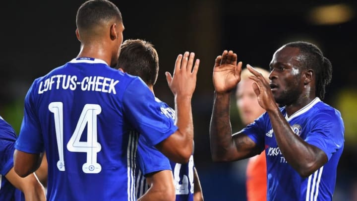 LONDON, ENGLAND – AUGUST 23: Victor Moses (R) of Chelsea celebrates scoring his team’s second goal with Ruben Loftus-Cheek during the EFL Cup second round match between Chelsea and Bristol Rovers at Stamford Bridge on August 23, 2016 in London, England. (Photo by Michael Regan/Getty Images )