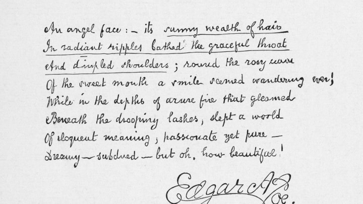 Handwritten text of ‘The Angel Face,’ a short verse by writer Edgar Allan Poe, circa 1848. (Photo by Hulton Archive/Getty Images)