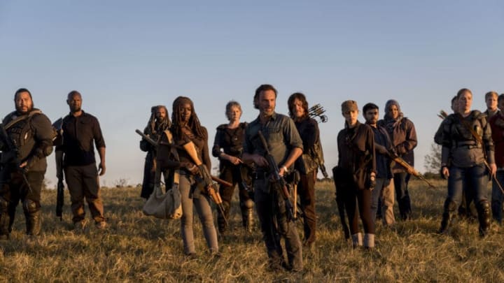 Cooper Andrews as Jerry, Khary Payton as Ezekiel, Danai Gurira as Michonne, Melissa McBride as Carol Peletier, Andrew Lincoln as Rick Grimes, Norman Reedus as Daryl Dixon, Christian Serratos as Rosita Espinosa - The Walking Dead _ Season 8, Episode 16 - Photo Credit: Gene Page/AMC