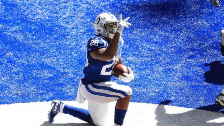 INDIANAPOLIS, INDIANA - SEPTEMBER 20: Jonathan Taylor #28 of the Indianapolis Colts celebrates after scoring a touchdown against the Minnesota Vikings at Lucas Oil Stadium on September 20, 2020 in Indianapolis, Indiana. (Photo by Andy Lyons/Getty Images)