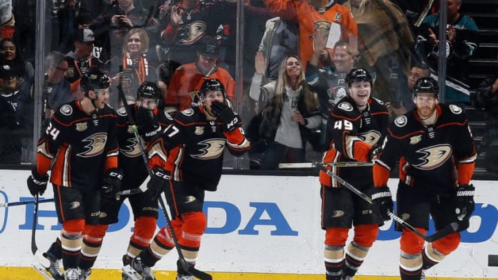 ANAHEIM, CA - APRIL 5: The Anaheim Ducks celebrate a second period goal during the game against the Los Angeles Kings on April 5, 2019 at Honda Center in Anaheim, California. (Photo by Debora Robinson/NHLI via Getty Images)