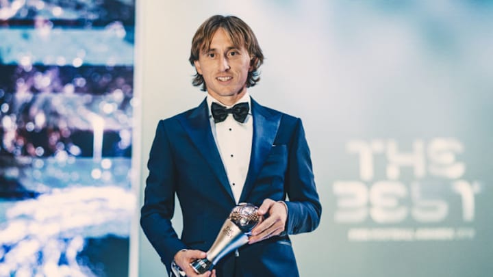 MILAN, ITALY - SEPTEMBER 23: The FIFA FIFPro Men's World11 Award Winner Luka Modric of Real Madrid and Croatia poses for a portrait during The Best FIFA Football Awards 2019 at Teatro alla Scala on September 23, 2019 in Milan, Italy. (Photo by Simon Hofmann - FIFA/FIFA via Getty Images)