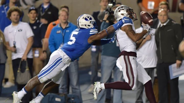 PROVO, UT - OCTOBER 14: Wide receiver Fred Ross #8 of the Mississippi State Bulldogs misses an end zone pass in overtime while being defended by Dayan Lake #5 of the Brigham Young Cougars at LaVell Edwards Stadium on October 14, 2016 in Provo Utah. The Brigham Young Cougars won in double overtime 28-21. (Photo by Gene Sweeney Jr/Getty Images)