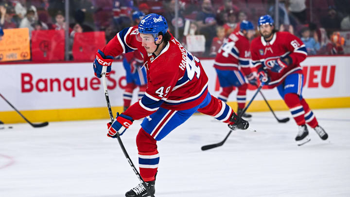 Sep 30, 2023; Montreal, Quebec, CAN; Montreal Canadiens left wing Rafael Harvey-Pinard. Mandatory Credit: David Kirouac-USA TODAY Sports