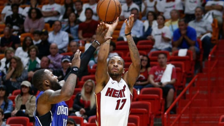 MIAMI, FL - OCTOBER 08: Rodney McGruder #17 of the Miami Heat shoots a three pointer against the Orlando Magic during the second half at American Airlines Arena on October 8, 2018 in Miami, Florida. NOTE TO USER: User expressly acknowledges and agrees that, by downloading and or using this photograph, User is consenting to the terms and conditions of the Getty Images License Agreement. (Photo by Michael Reaves/Getty Images)