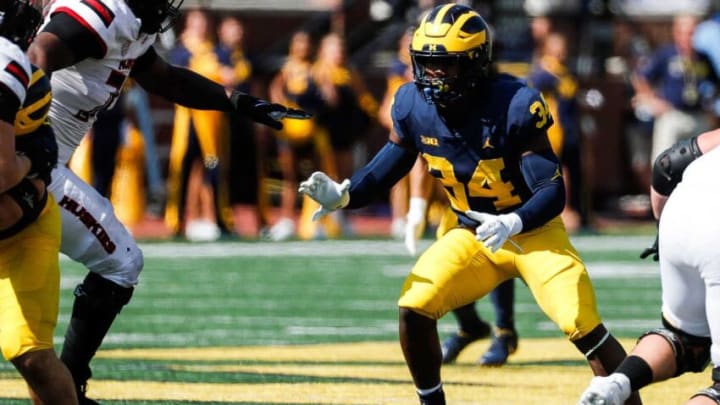 Michigan linebacker Jaydon Hood (34) plays against Northern Illinois during the second half at Michigan Stadium in Ann Arbor on Saturday, Sept. 18, 2021.