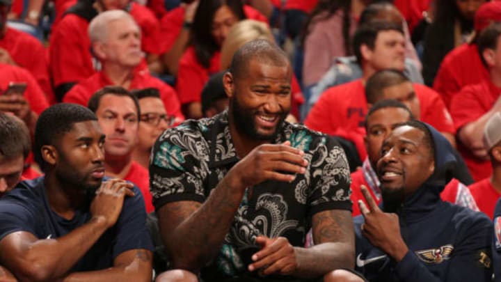NEW ORLEANS, LA – APRIL 19: DeMarcus Cousins #0 of the New Orleans Pelicans in Game Three of Round One against the Portland Trail Blazers during the 2018 NBA Playoffs on April 19, 2018 at Smoothie King Center in New Orleans, Louisiana. NOTE TO USER: User expressly acknowledges and agrees that, by downloading and or using this Photograph, user is consenting to the terms and conditions of the Getty Images License Agreement. Mandatory Copyright Notice: Copyright 2018 NBAE (Photo by Layne Murdoch/NBAE via Getty Images)