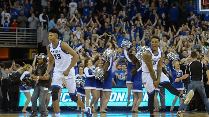 Nov 15, 2016; Omaha, NE, USA; Creighton Bluejays center Justin Patton (23) and guard Marcus Foster (0) celebrate after beating the Wisconsin Badgers at CenturyLink Center Omaha. Creighton defeated Wisconsin 79-67. Mandatory Credit: Steven Branscombe-USA TODAY Sports
