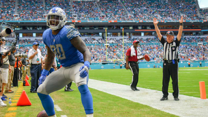 MIAMI, FL - OCTOBER 21: Michael Roberts #80 of the Detroit Lions celebrates after scoreing a touchdown in the third quarter against the Miami Dolphins at Hard Rock Stadium on October 21, 2018 in Miami, Florida. (Photo by Mark Brown/Getty Images)