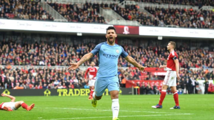 MIDDLESBROUGH, ENGLAND – MARCH 11: Sergio Aguero of Manchester City celebrates scoring his sides second goal during The Emirates FA Cup Quarter-Final match between Middlesbrough and Manchester City at Riverside Stadium on March 11, 2017 in Middlesbrough, England. (Photo by Michael Regan/Getty Images)