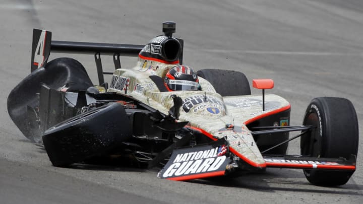 INDIANAPOLIS - MAY 29: J.R. Hildebrand driver of the #4 National Guard Panther Racing finishes second after crashing during the IZOD IndyCar Series Indianapolis 500 Mile Race at Indianapolis Motor Speedway on May 29, 2011 in Indianapolis, Indiana. (Photo by Todd Warshaw/Getty Images)