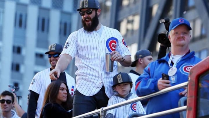 Nov 4, 2016; Chicago, IL, USA; Chicago Cubs starting pitcher Jake Arrieta during the World Series victory parade on Michigan Avenue. Mandatory Credit: Jerry Lai-USA TODAY Sports