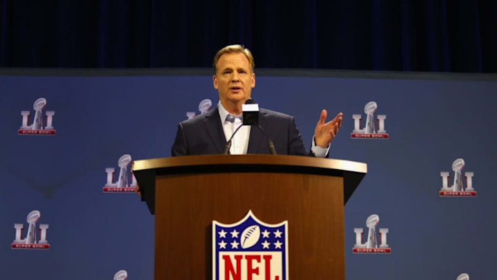 HOUSTON, TX - FEBRUARY 01: NFL Commissioner Roger Goodell speaks with the media during a press conference for Super Bowl 51 at the George R. Brown Convention Center on February 1, 2017 in Houston, Texas. (Photo by Tim Bradbury/Getty Images)