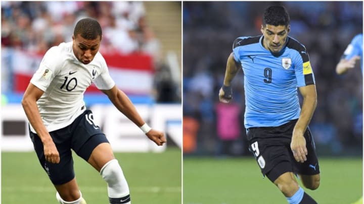(COMBO) A combination of pictures created on July 02, 2018 shows France's Kylian Mbappe (L) at the Luzhniki Stadium in Moscow on June 26, 2018 and Uruguay's forward Luis Suarez in Montevideo, on October 10, 2017. - France will face Uruguay on July 6, 2018 in Nizhniy Novgorod for their quarter final match of the Russia 2018 World Cup football tournament. (Photo by Pablo PORCIUNCULA and Franck FIFE / AFP) (Photo credit should read PABLO PORCIUNCULA,FRANCK FIFE/AFP/Getty Images)