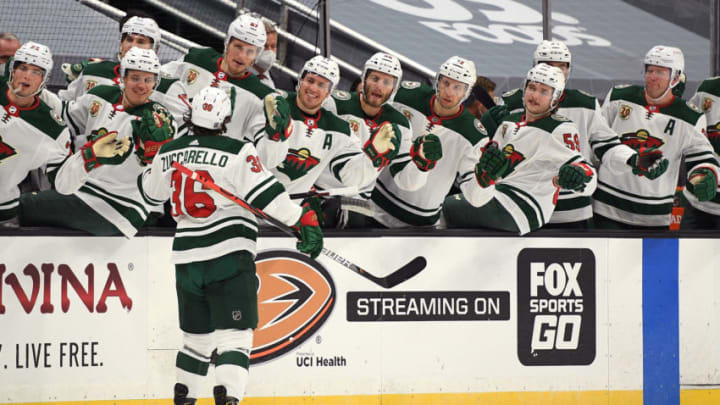 Feb 20, 2021; Anaheim, California, USA; Minnesota Wild right wing Mats Zuccarello (36) celebrates with the bench after scoring a first period goal against the Anaheim Ducks at Honda Center. Mandatory Credit: Orlando Ramirez-USA TODAY Sports