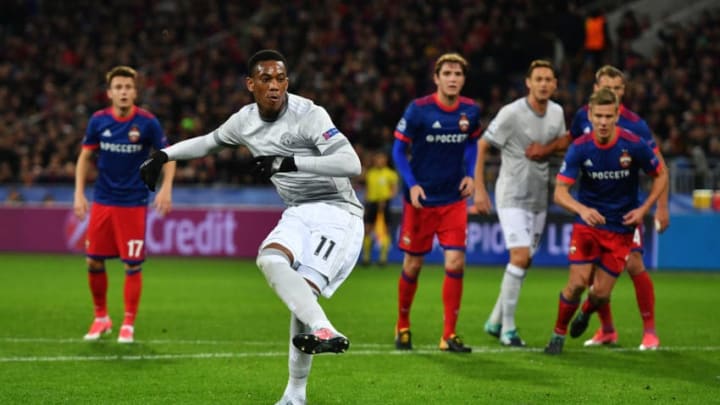 MOSCOW, RUSSIA - SEPTEMBER 27: Anthony Martial of Manchester United scores his sides second goal from the penalty spot during the UEFA Champions League group A match between CSKA Moskva and Manchester United at WEB Arena on September 27, 2017 in Moscow, Russia. (Photo by Dan Mullan/Getty Images)