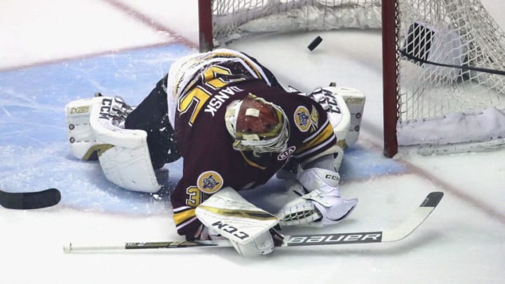 ROSEMONT, ILLINOIS - JUNE 08: The puck slips past Oscar Dansk #35 of the Chicago Wolves on a goal by the Charlotte Checkers during game Five of the Calder Cup Finals at Allstate Arena on June 08, 2019 in Rosemont, Illinois. (Photo by Jonathan Daniel/Getty Images)