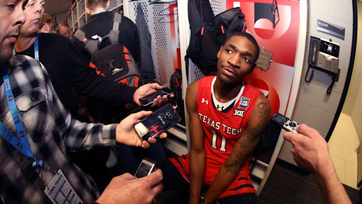 MINNEAPOLIS, MINNESOTA - APRIL 04: Tariq Owens #11 of the Texas Tech Red Raiders speaks to the media in the locker room prior to the 2019 NCAA Tournament Final Four at U.S. Bank Stadium on April 4, 2019 in Minneapolis, Minnesota. (Photo by Mike Lawrie/Getty Images)