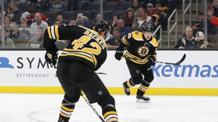 BOSTON, MA - SEPTEMBER 25: Boston Bruins center David Backes (42) sets up a backhander for Boston's second goal during a preseason game between the Boston Bruins and the New Jersey Devils on September 25, 2019, at TD Garden in Boston, Massachusetts. (Photo by Fred Kfoury III/Icon Sportswire via Getty Images)